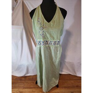 Vintage Blue Sky Sage Green Embroidered Floral Halter Dress Size M